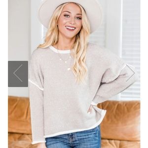 Pink Lily Taupe Knit Sweater with Contrasting Seams